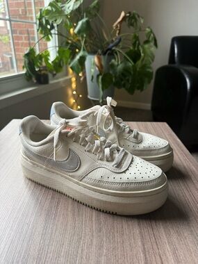 Women’s Nike Vision Court Alta Sneakers in Off-White with Silver Swoosh